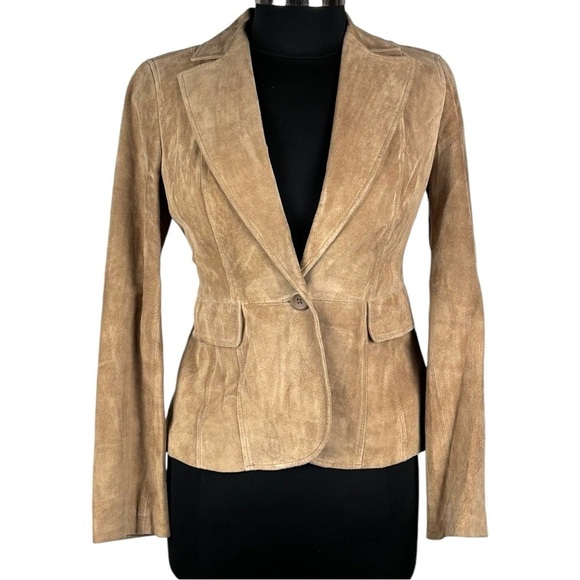 ANN TAYLOR LOFT SUEDE LEATHER TAN RETRO SINGLE BUTTON COLLARED BLAZER JACKET - Picture 3 of 13